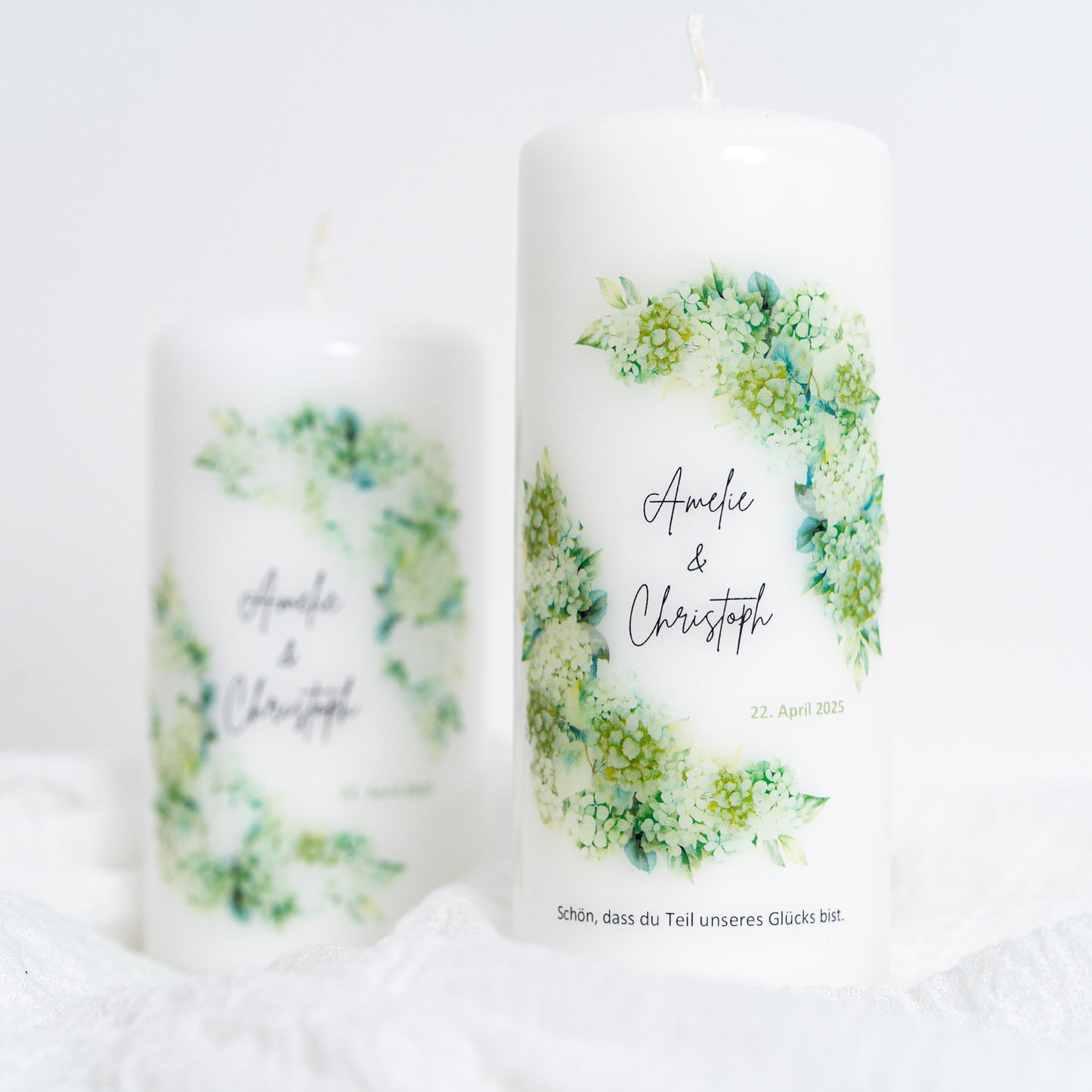 Gastgeschenkkerze grün Hortensien