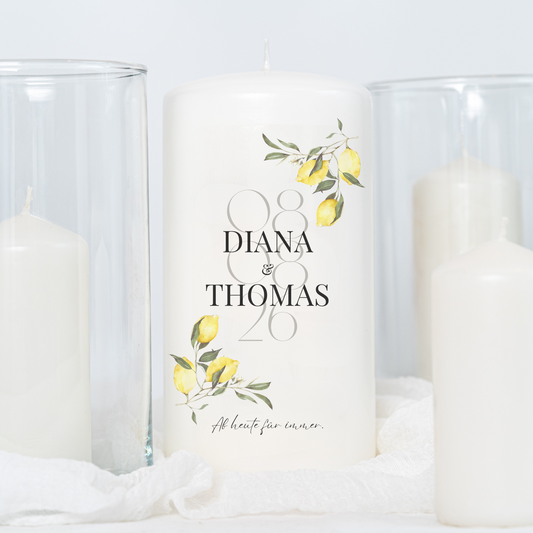 Moderne Hochzeitskerze Zitronen Toskana für sommerliche Hochzeiten